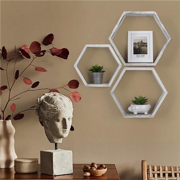 Hexagonal Floating Shelves Wall Mounted Set of 3 Wood Farmhouse Storage - Picture 5 of 5